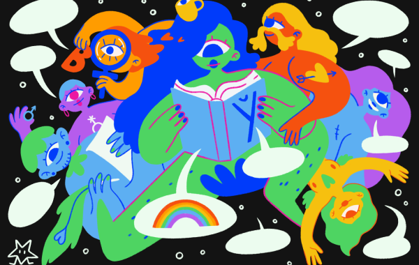 Цветная ллюстрация в мультышном стиле. По середине нарисована персона с длинными волосами и одним глазиком, ее кожа зеленая и а волосы синие. Она с интересом читает синюю книжу на обложке которой нарисовано Ў нескладовае. Слева персона с оранжевой кожей итакже одним глазиком рассматривает через лупу букву B.
