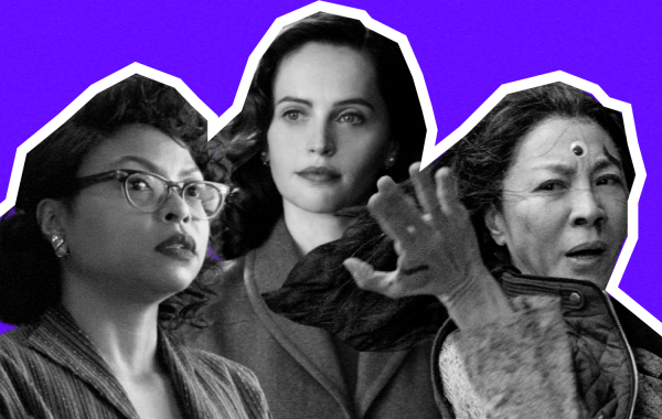 Коллаж. На фиолетовом фоне черно-белые портреты трех женщин, которые вырезаны из кадров фильмаов. Слева афро-американская женщина в очках. У ее кудрыявые черные волосы, акуратно собранные в прическу, которую носили женщины в 60-х. На ней серый пиджак. По-середине молодая белая девушка, которая играет адвокату. Она также в пиджаке, и у нее гладкие волосы средней длинны. Справа китайская актриса, которой на вид 45-50 лет, она словно застыла в позе, в которое собираеться нанести удар рукой. На ней рубашка, а также теплая жилетка из синтипона. На ее лбу приклеен игрушечный глаз на липучке.